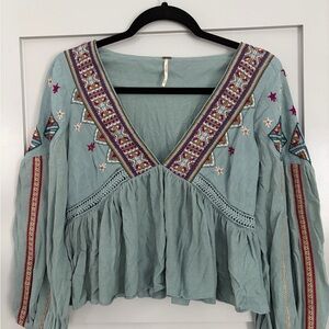 Free People Teal Embroidered V-Neck Blouse